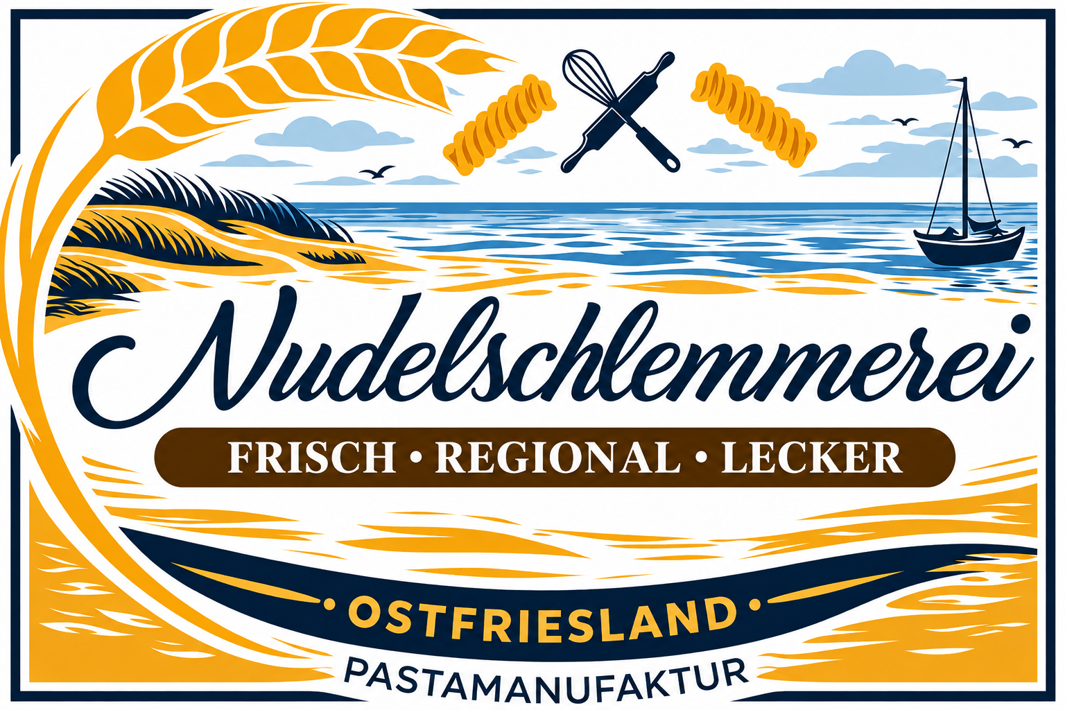 Die Nudelschlemmerei – Küstenlogo mit Ähre, Meer und Segelboot